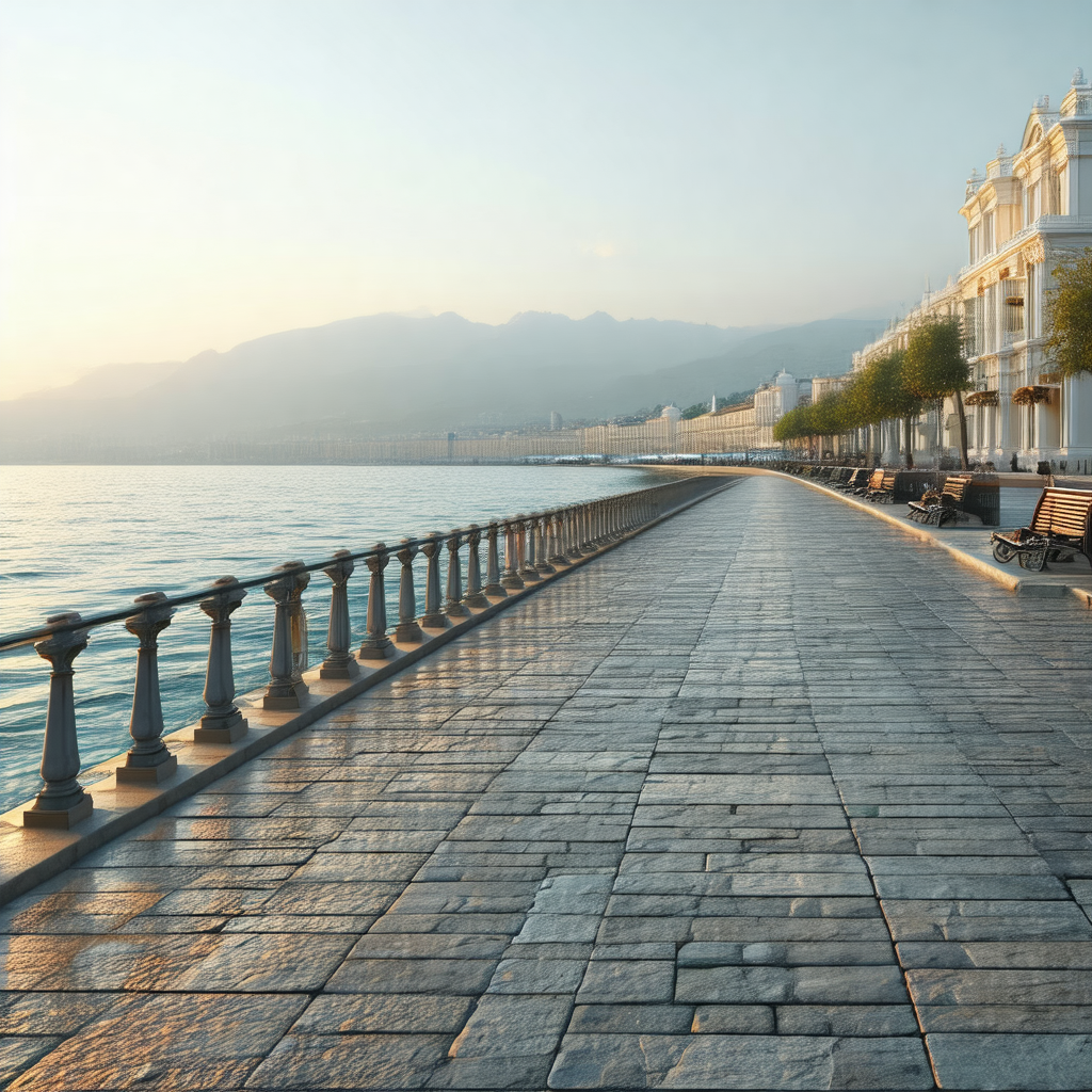 Beautiful waterfront with a long, wide walkway that runs ...