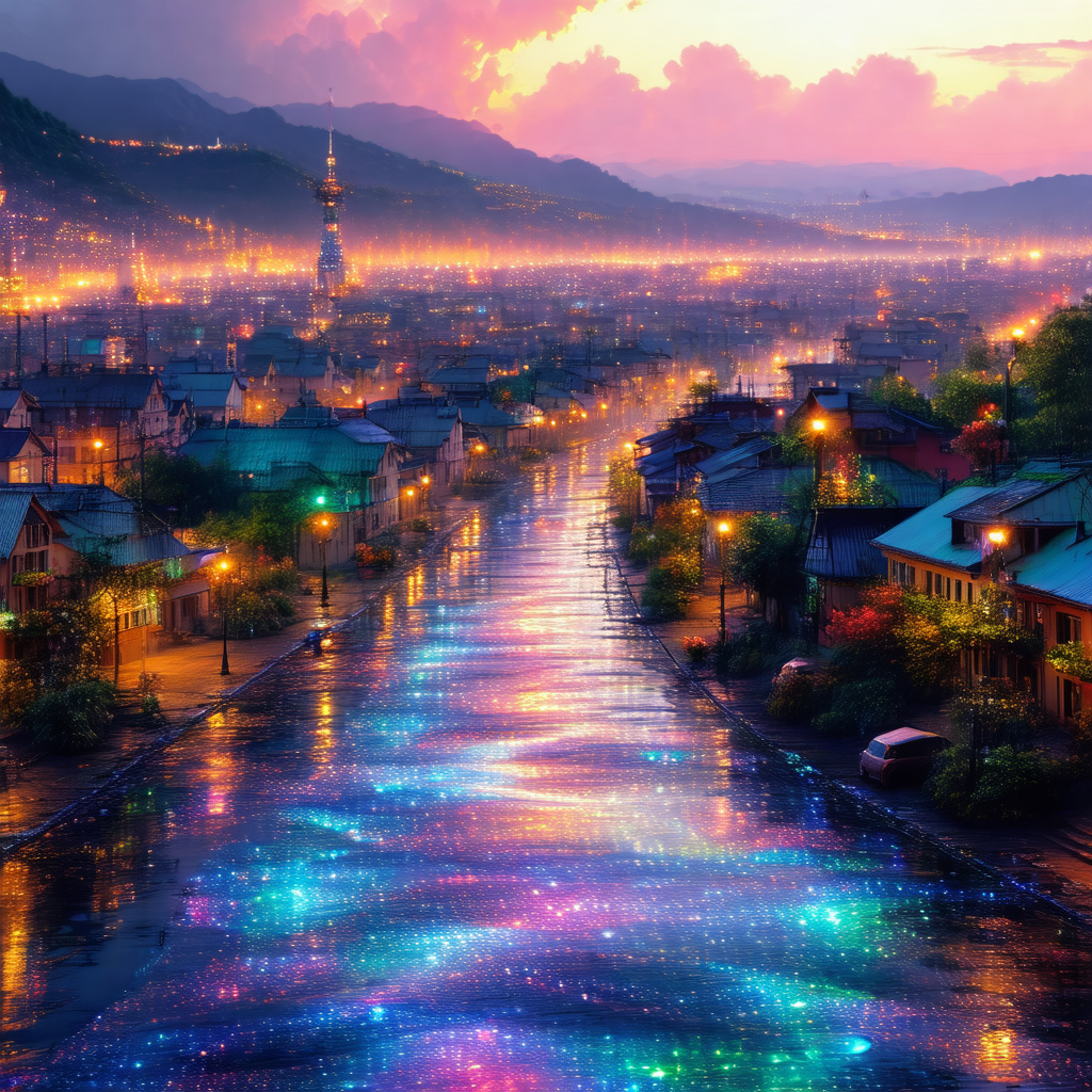 Beautiful cityscape at night, with a river flowing throug...