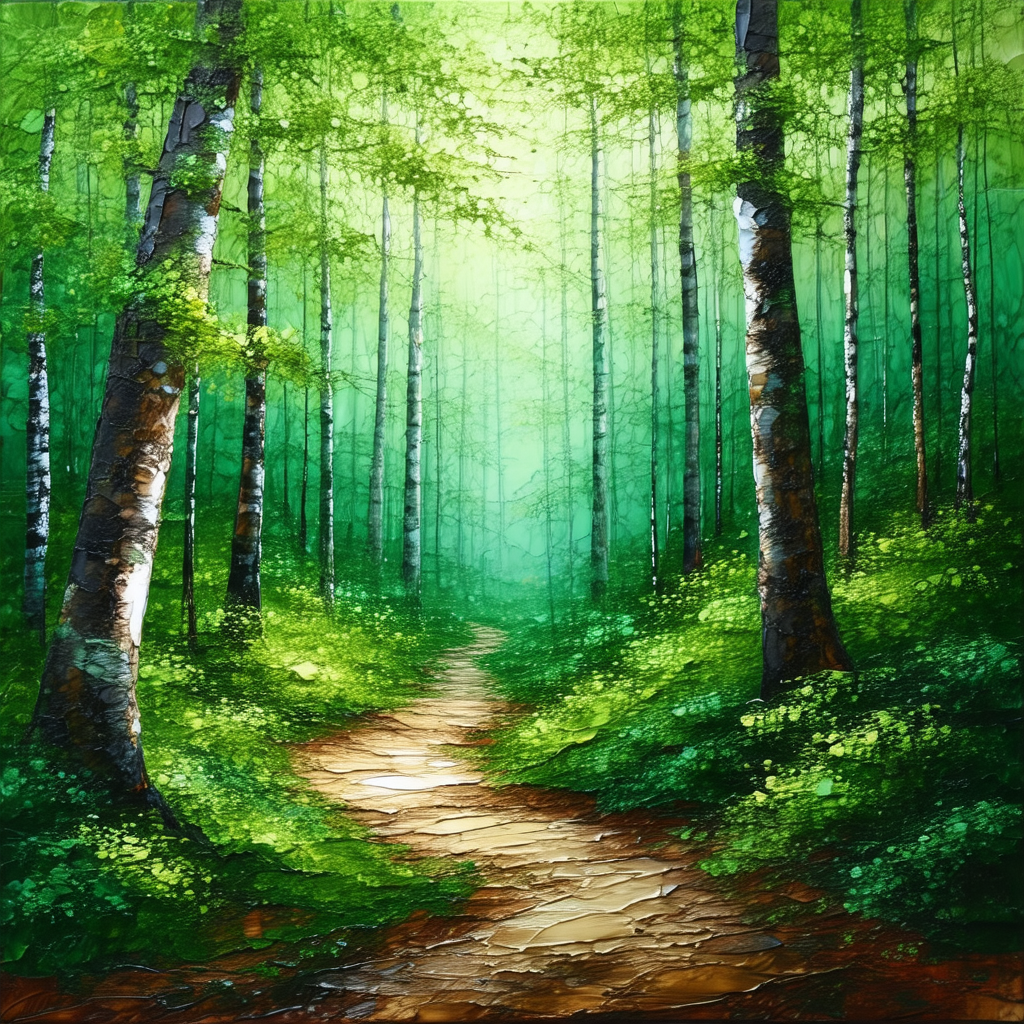 Forest scene with a dirt path leading through the woods