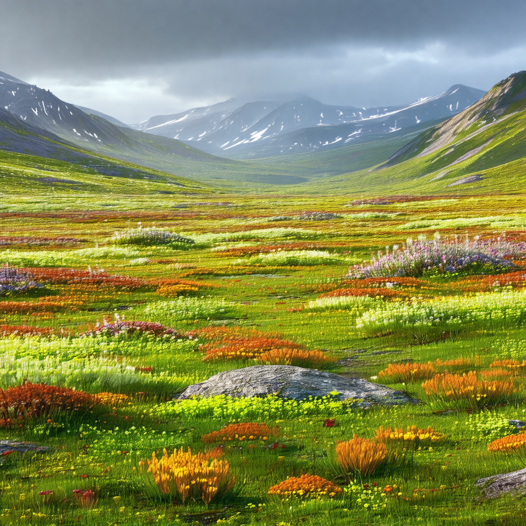 Beautiful, lush green field with a mountain range in the ...