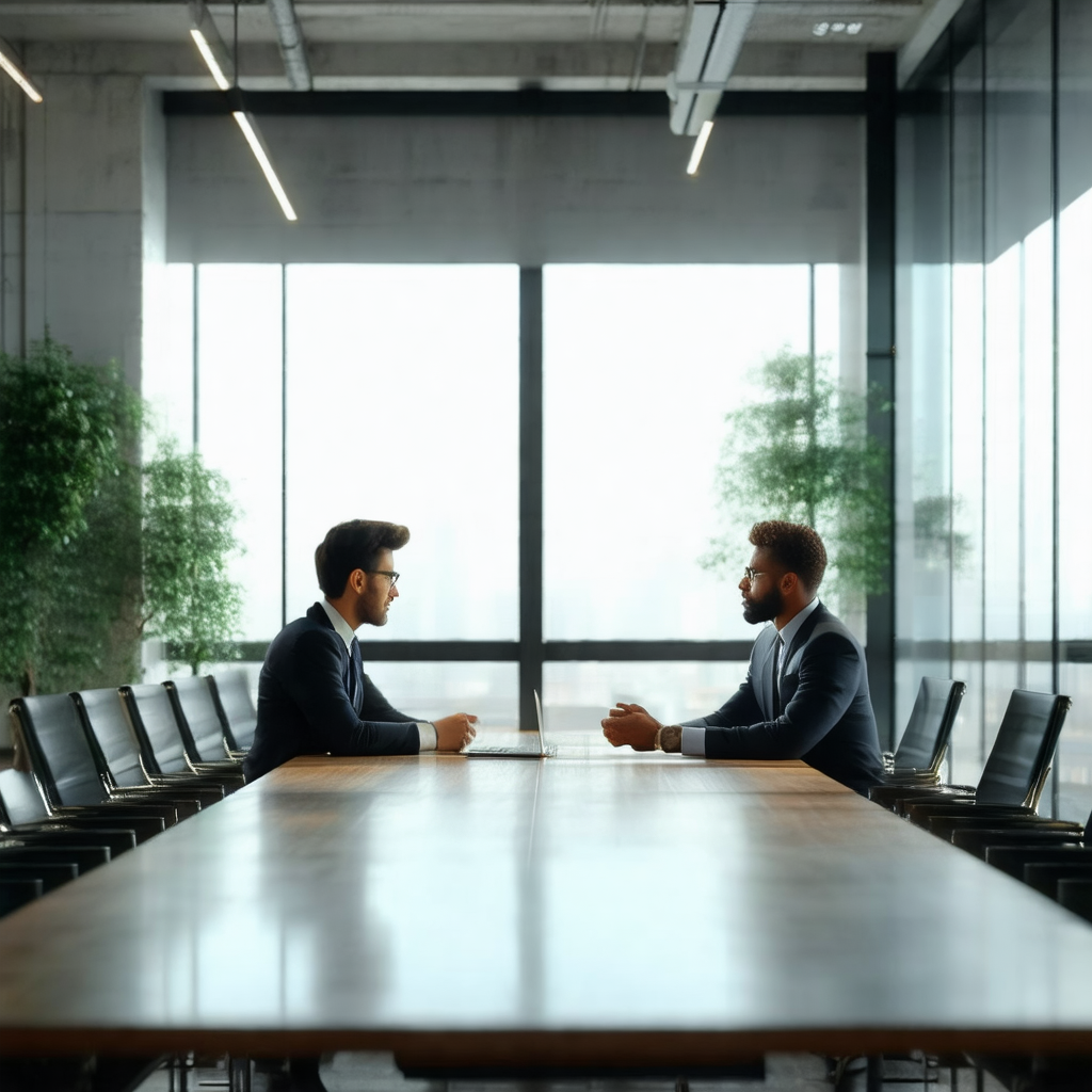 Man in a suit sitting at a conference table with another man
