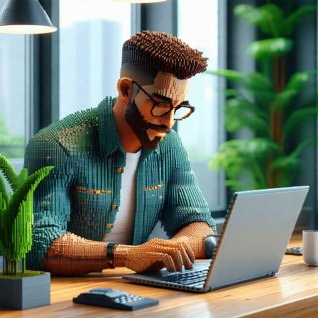 Man sitting at a desk, working on a laptop computer