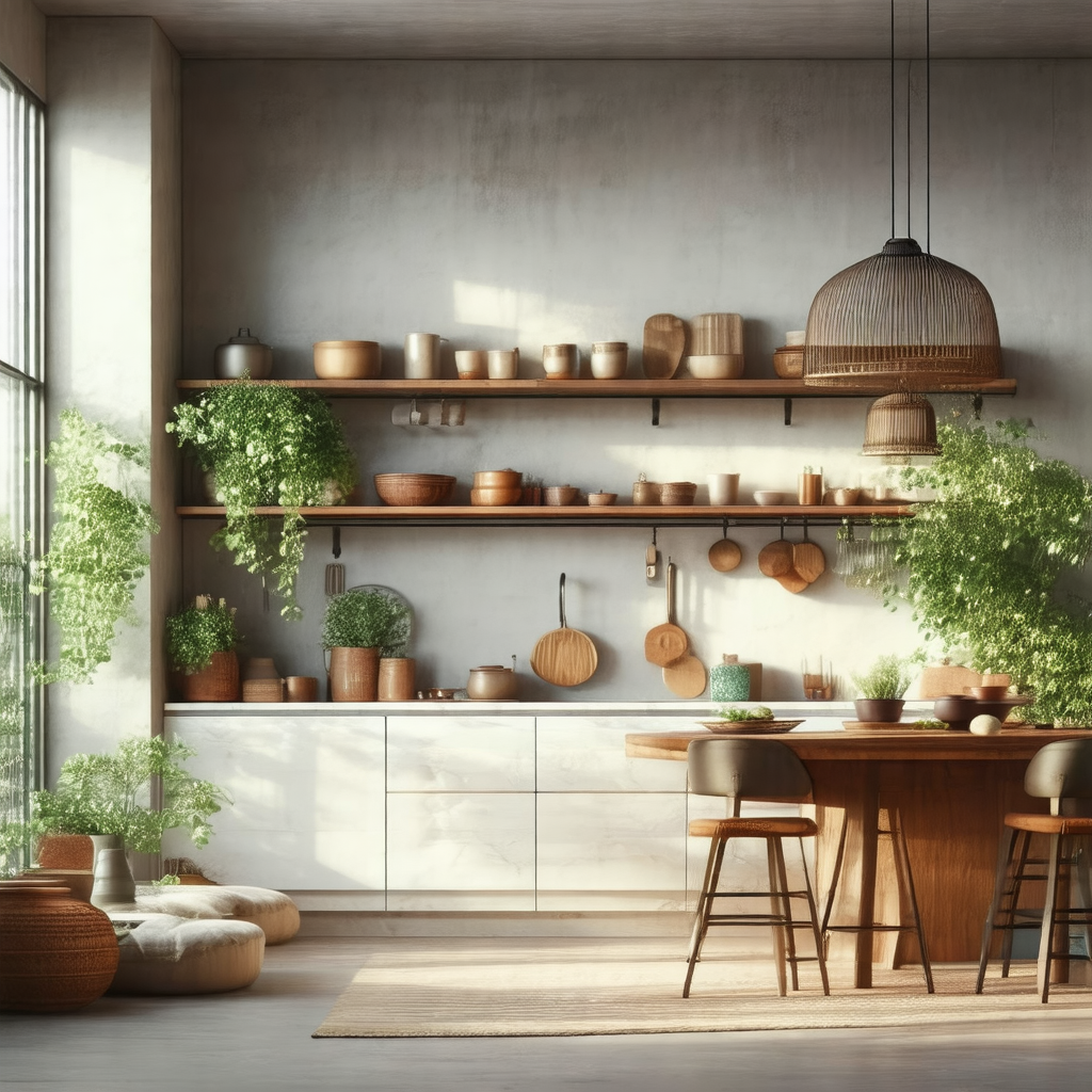 Large, modern kitchen with a wooden dining table in the c...