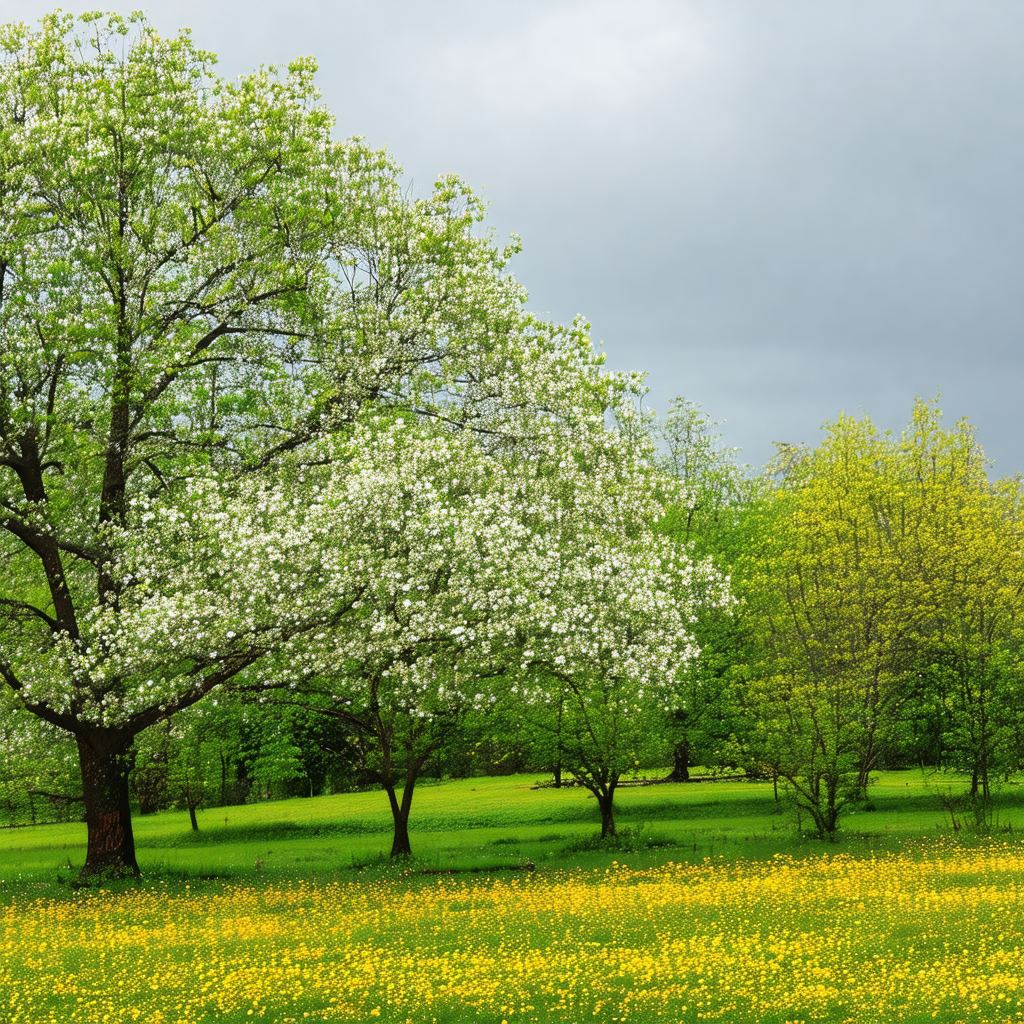 Lush green field with a tree in the center