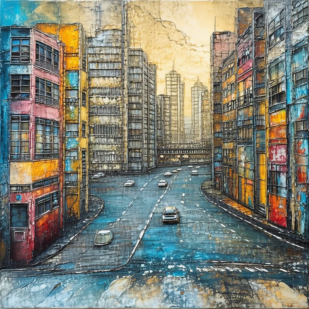 Painting of a city street with tall buildings on both sides