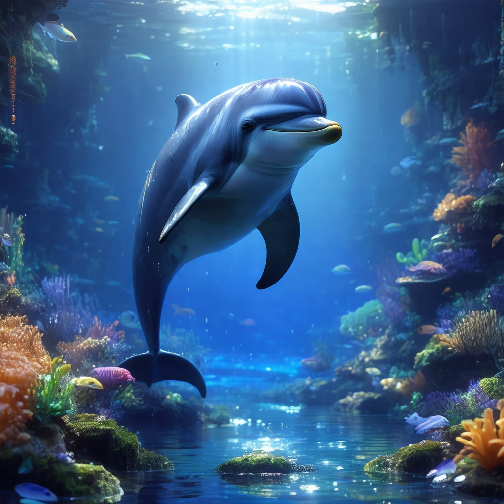 Beautiful blue dolphin swimming in a vibrant underwater w...