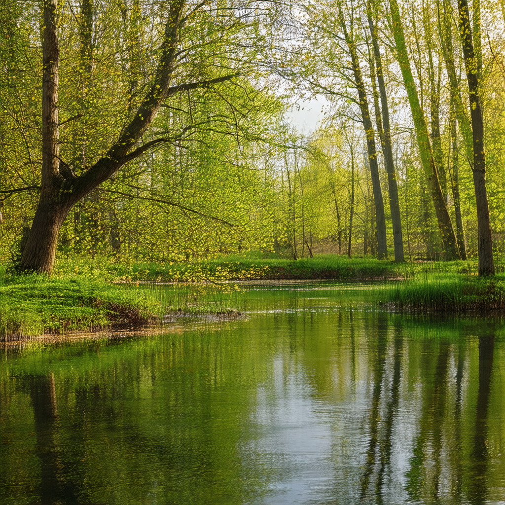 Serene pond surrounded by a lush green forest
