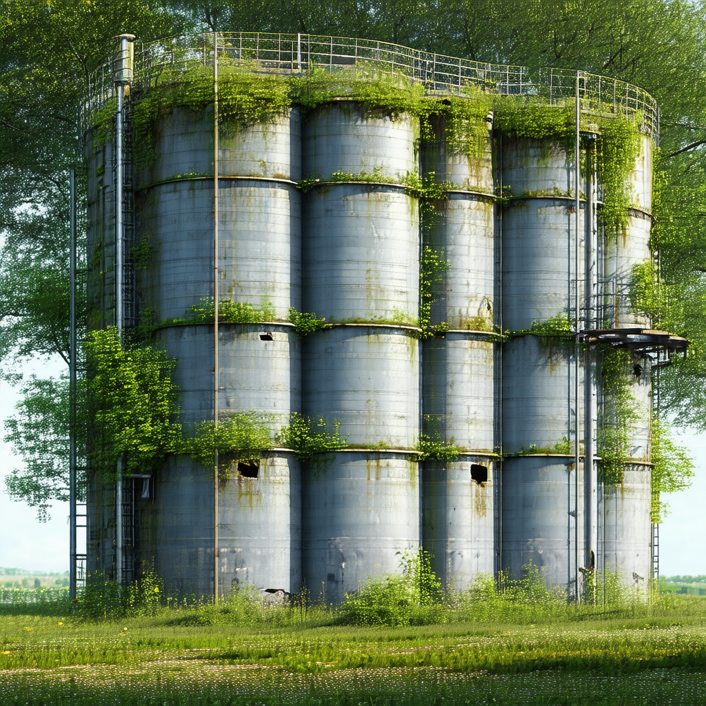 Large, rusty oil tank with a green vine growing up its side