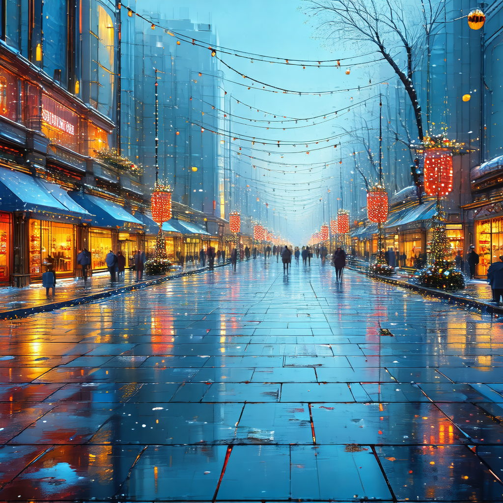 Bustling city street at night, with a crowd of people wal...