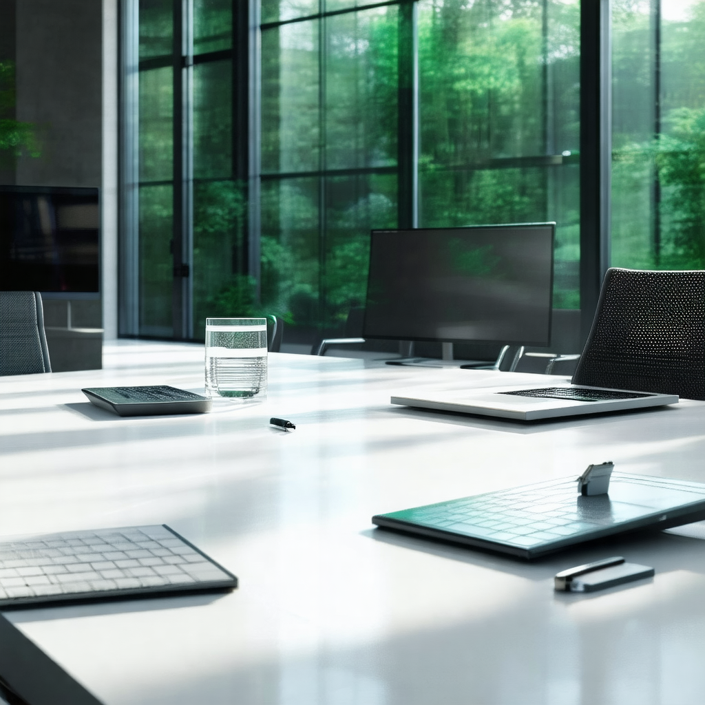 Large, well-lit office space with a long white desk