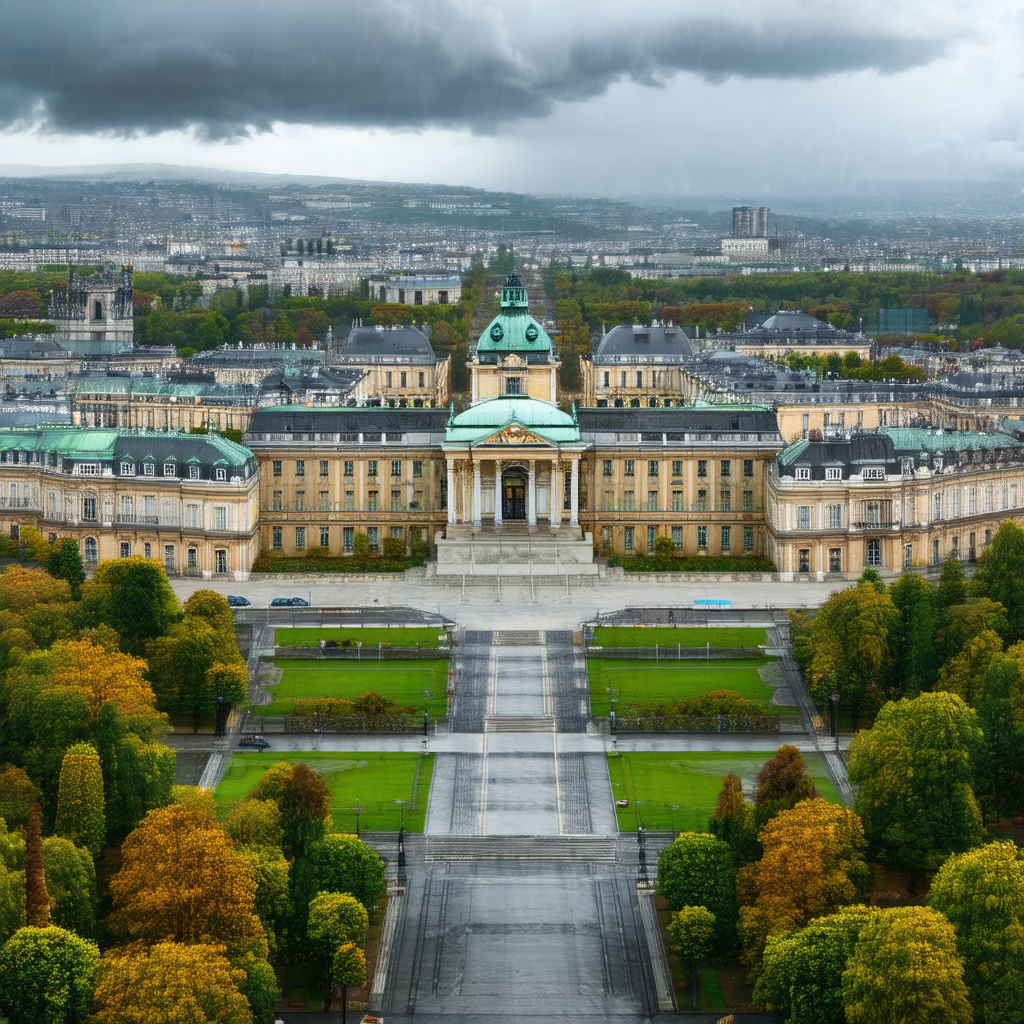 Large, ornate building with a green roof, situated in a city