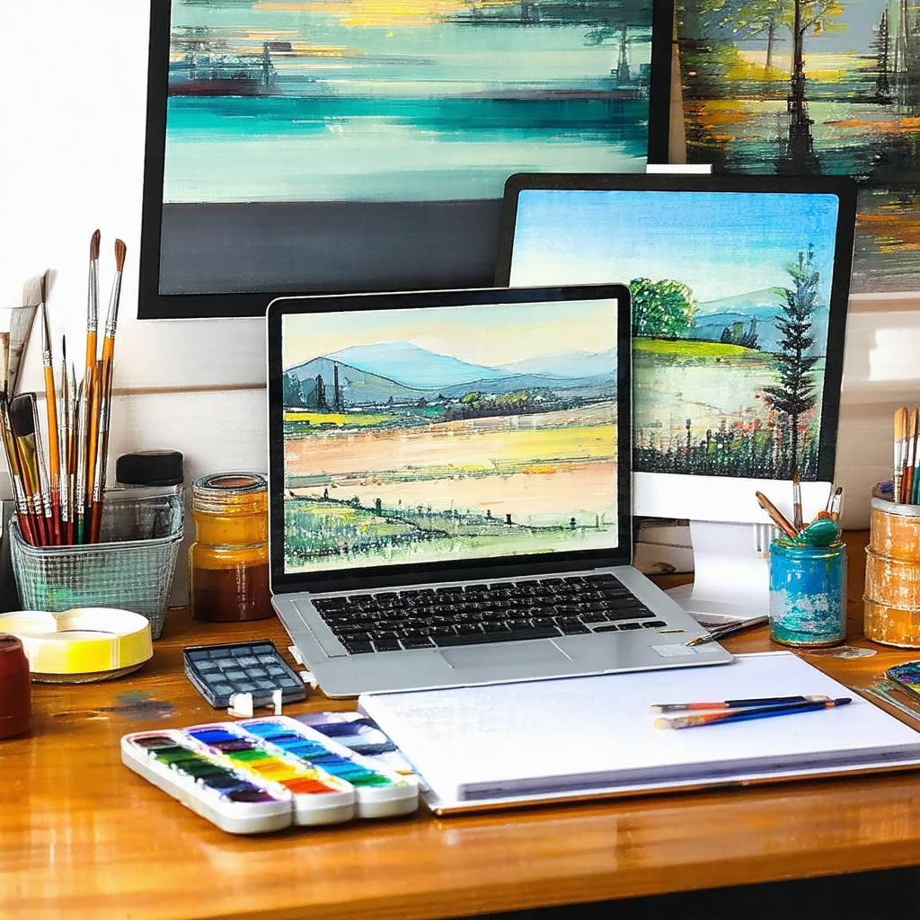 Wooden desk with a laptop computer sitting on top of it