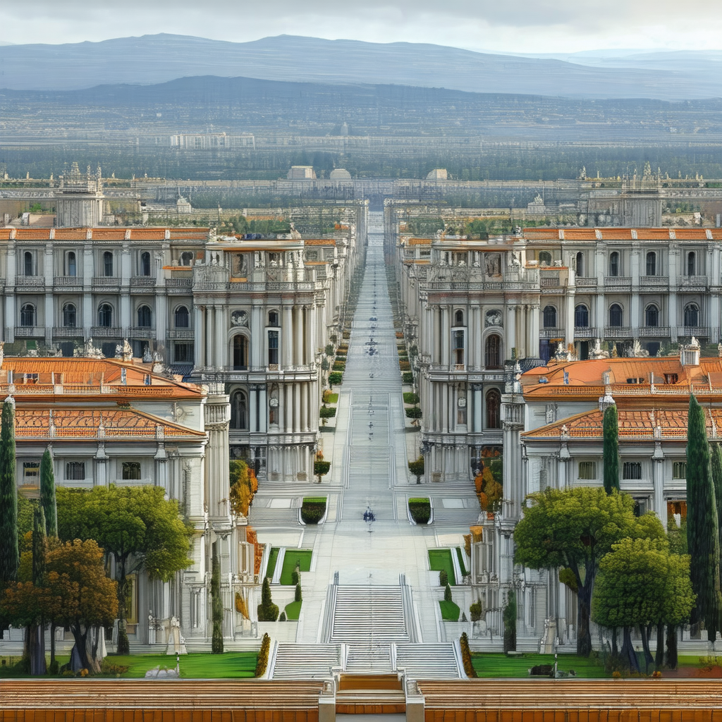 Large, long, and narrow courtyard with a row of buildings...