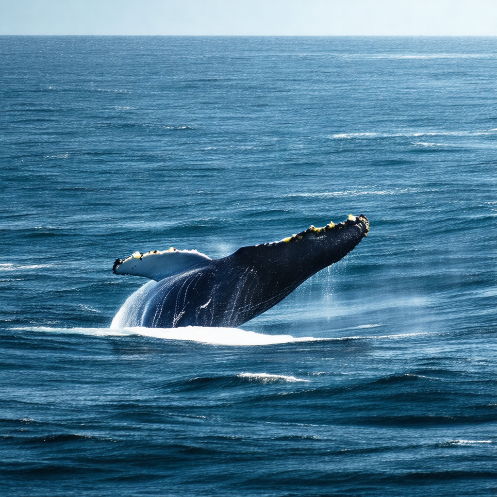 Large blue whale in the ocean, with its tail end visible ...