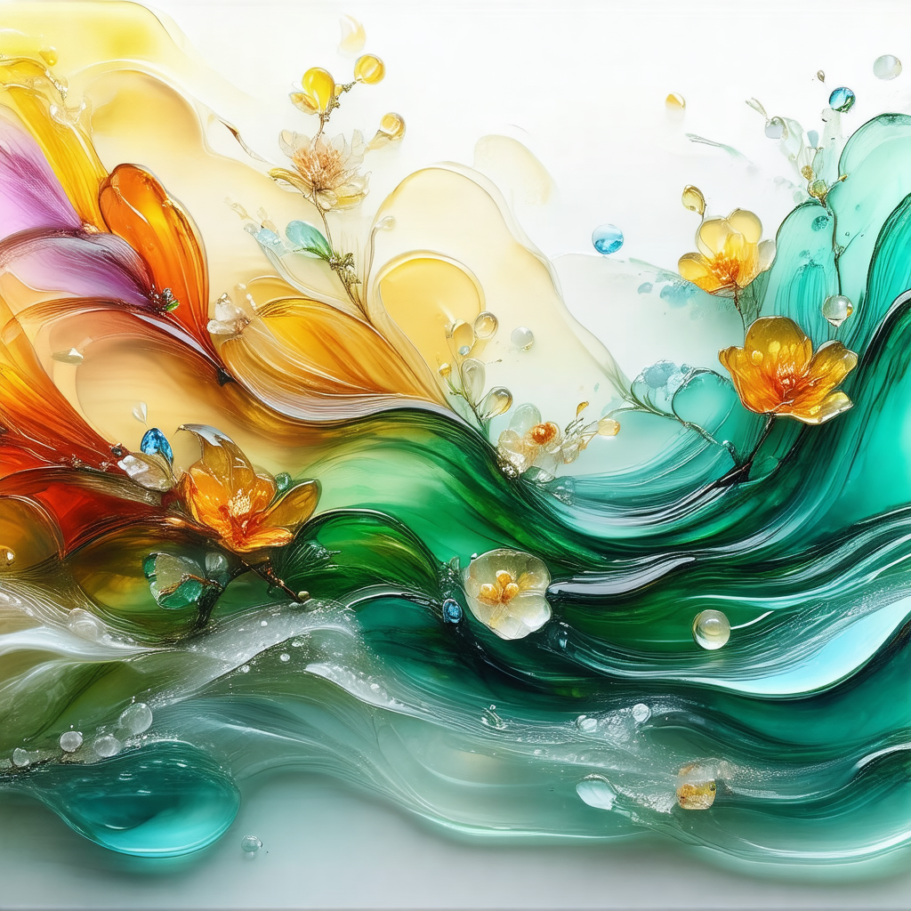 Painting of a colorful waterfall with a variety of flower...