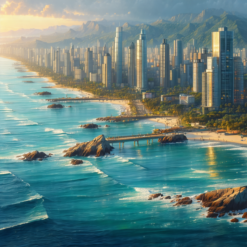 Beautifully drawn cartoon of a city situated on a beach