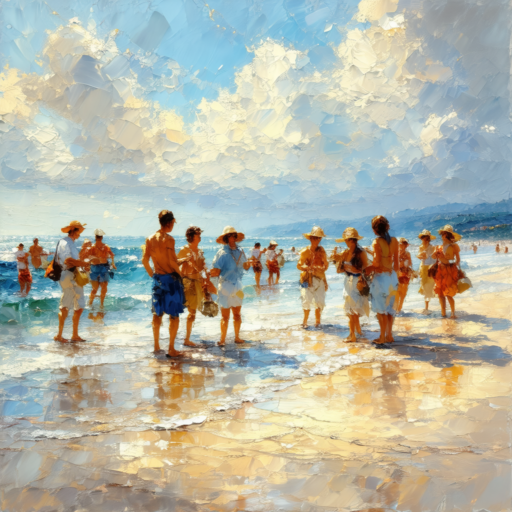 Lively beach scene with a large group of people standing ...