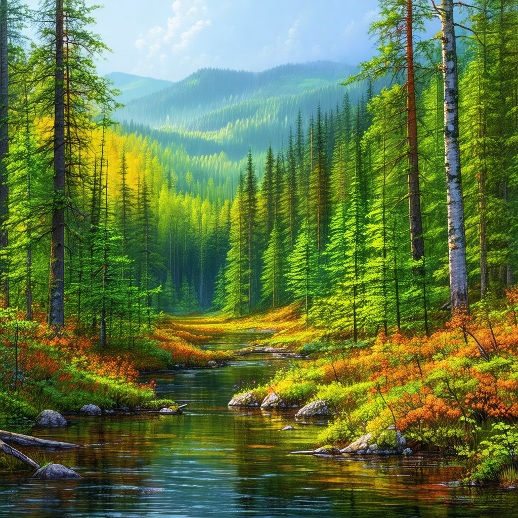 Serene scene of a river flowing through a lush green forest
