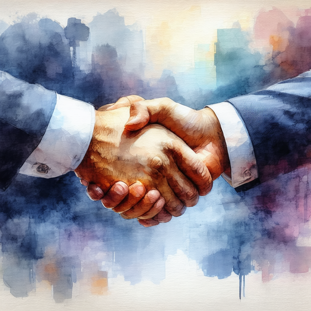 Man and a woman shaking hands in a business setting