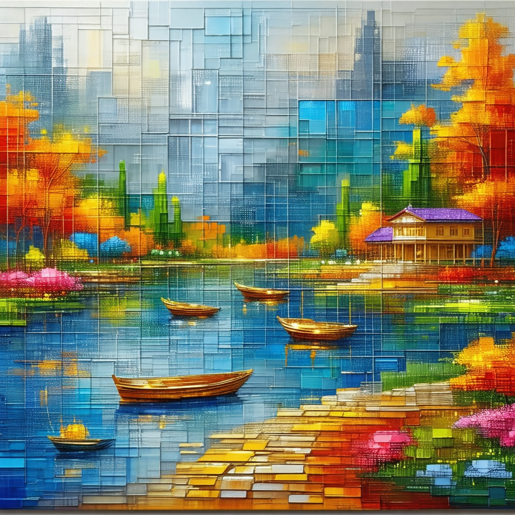 Painting of a serene scene featuring a lake with a few bo...