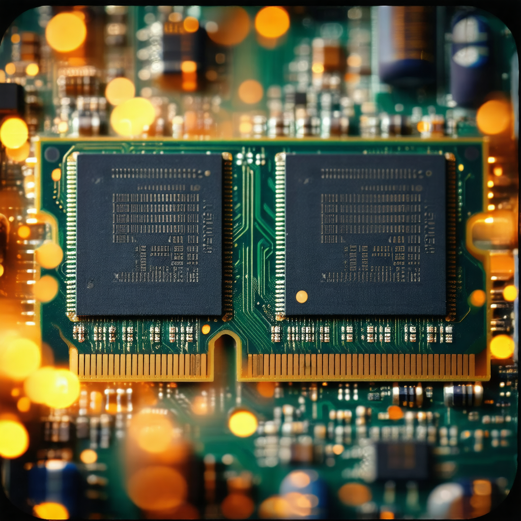 Close-up of a computer chip with two memory chips attache...