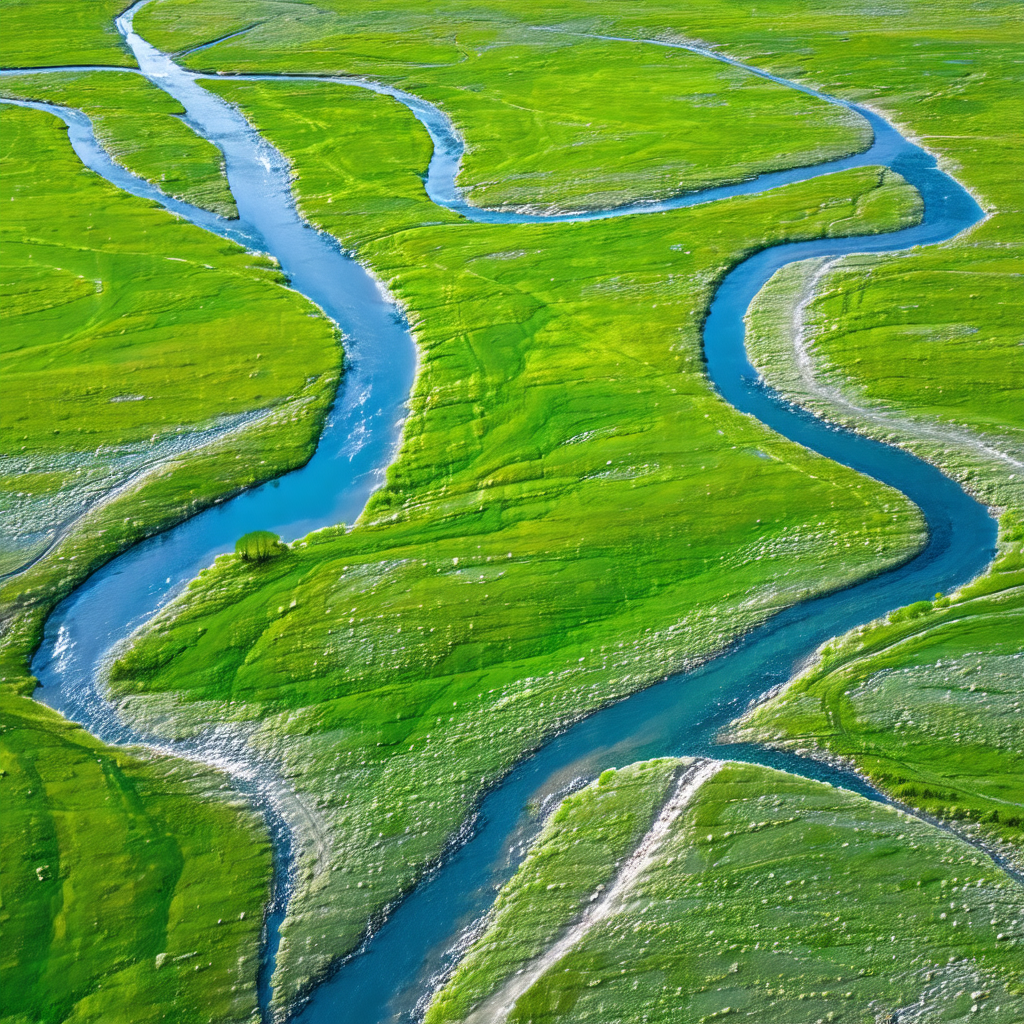 Large, lush green field with a river flowing through it