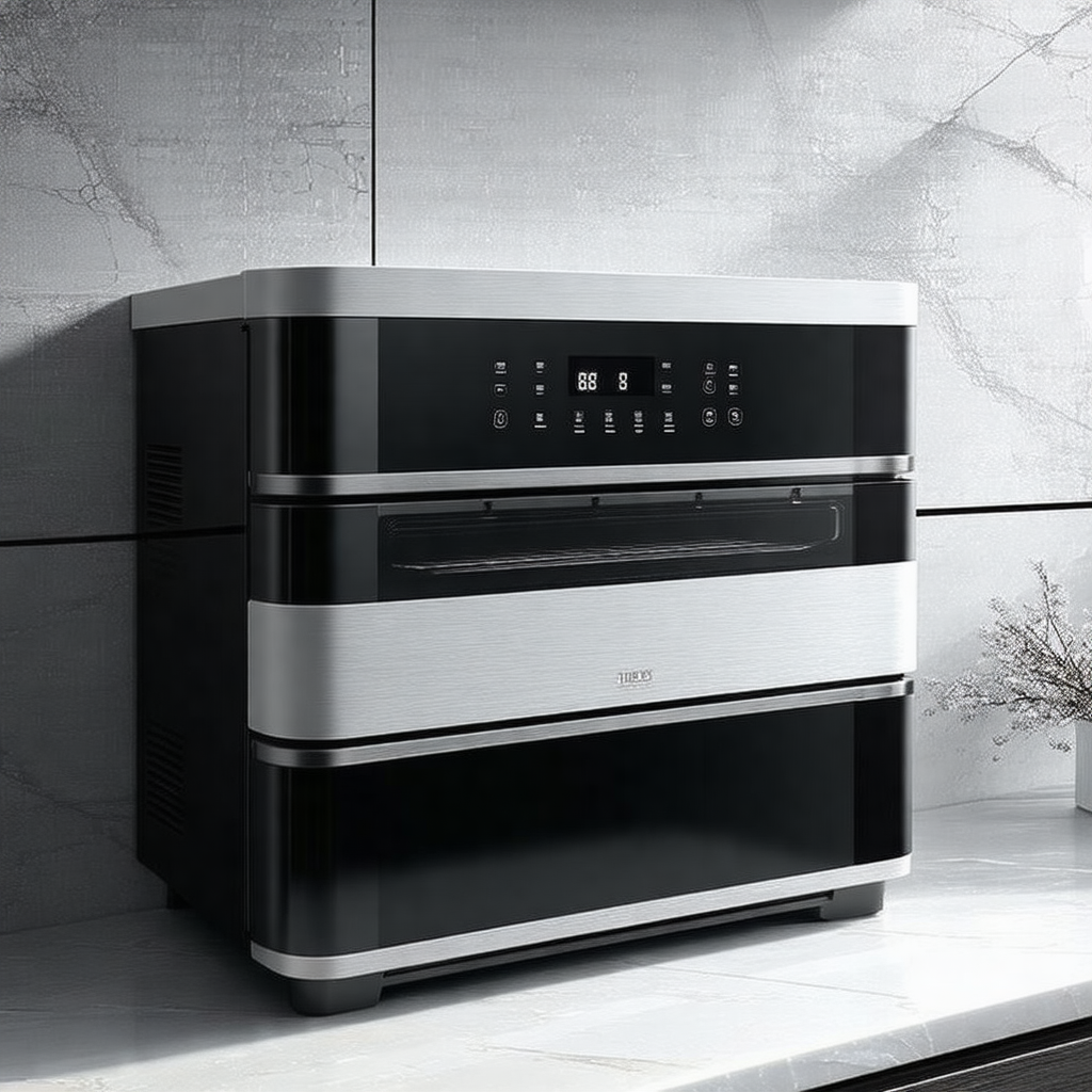 Modern kitchen with a large, sleek oven prominently displ...