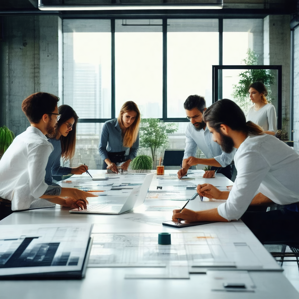 Group of people gathered around a large table, working to...
