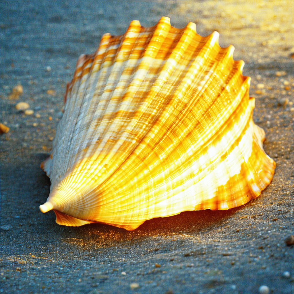 Beautiful shell, likely a seashell, lying on a sandy beach