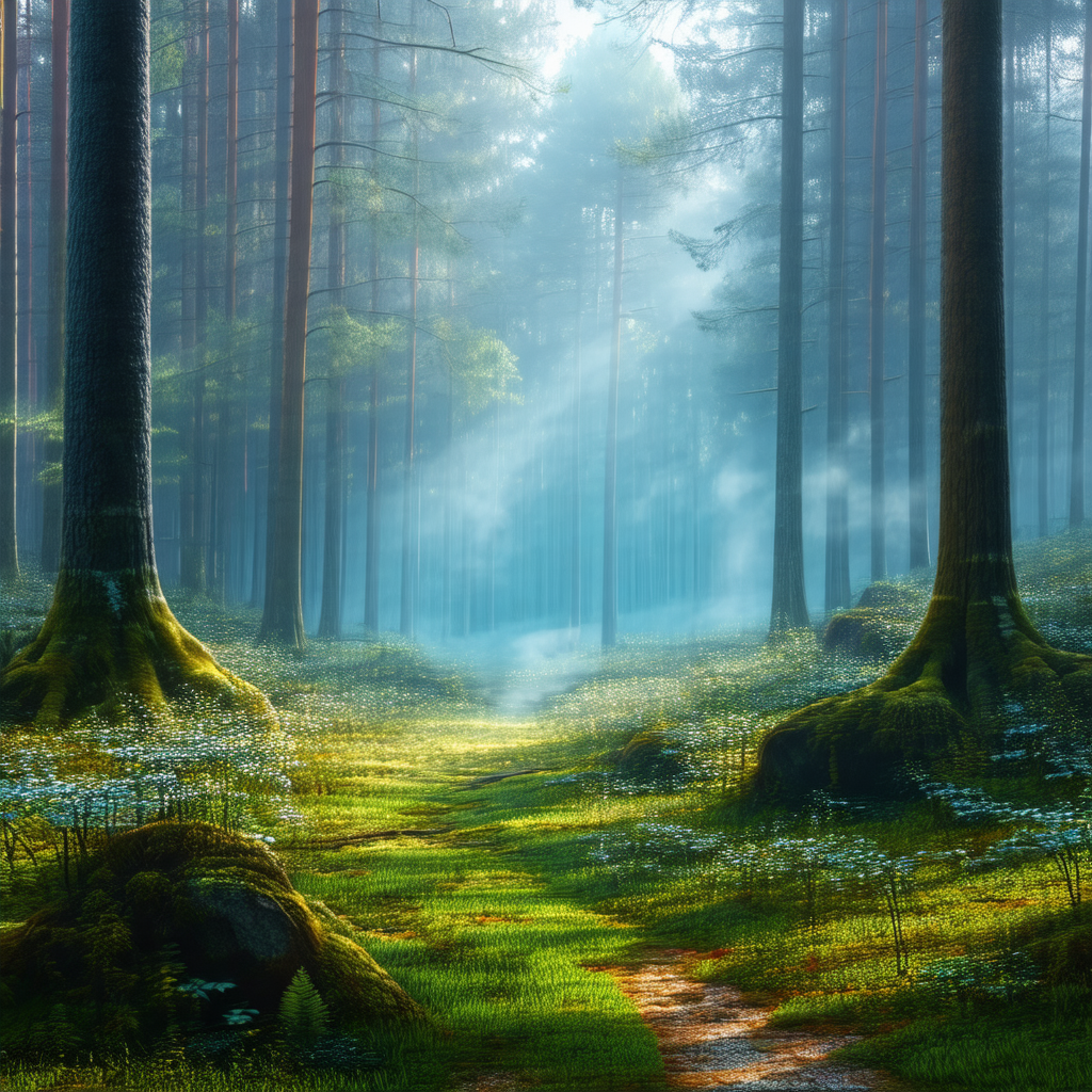 Lush green forest with a pathway leading through the trees