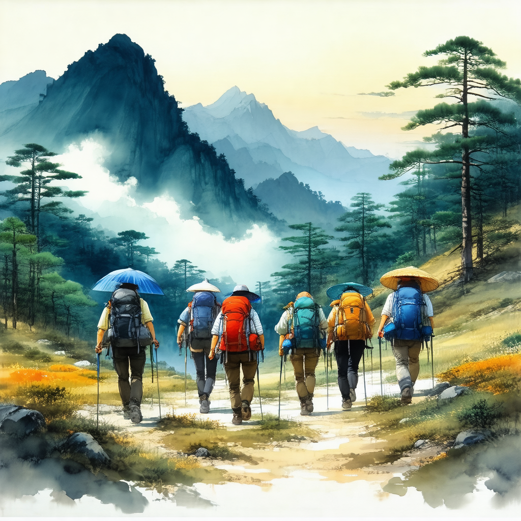 Group of six people walking together on a dirt road, surr...