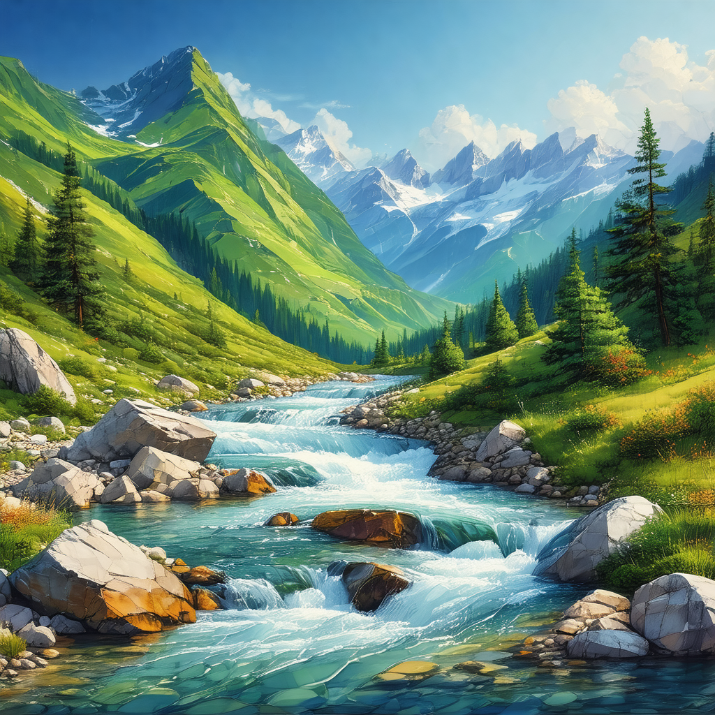 Beautiful mountain landscape with a river flowing through it