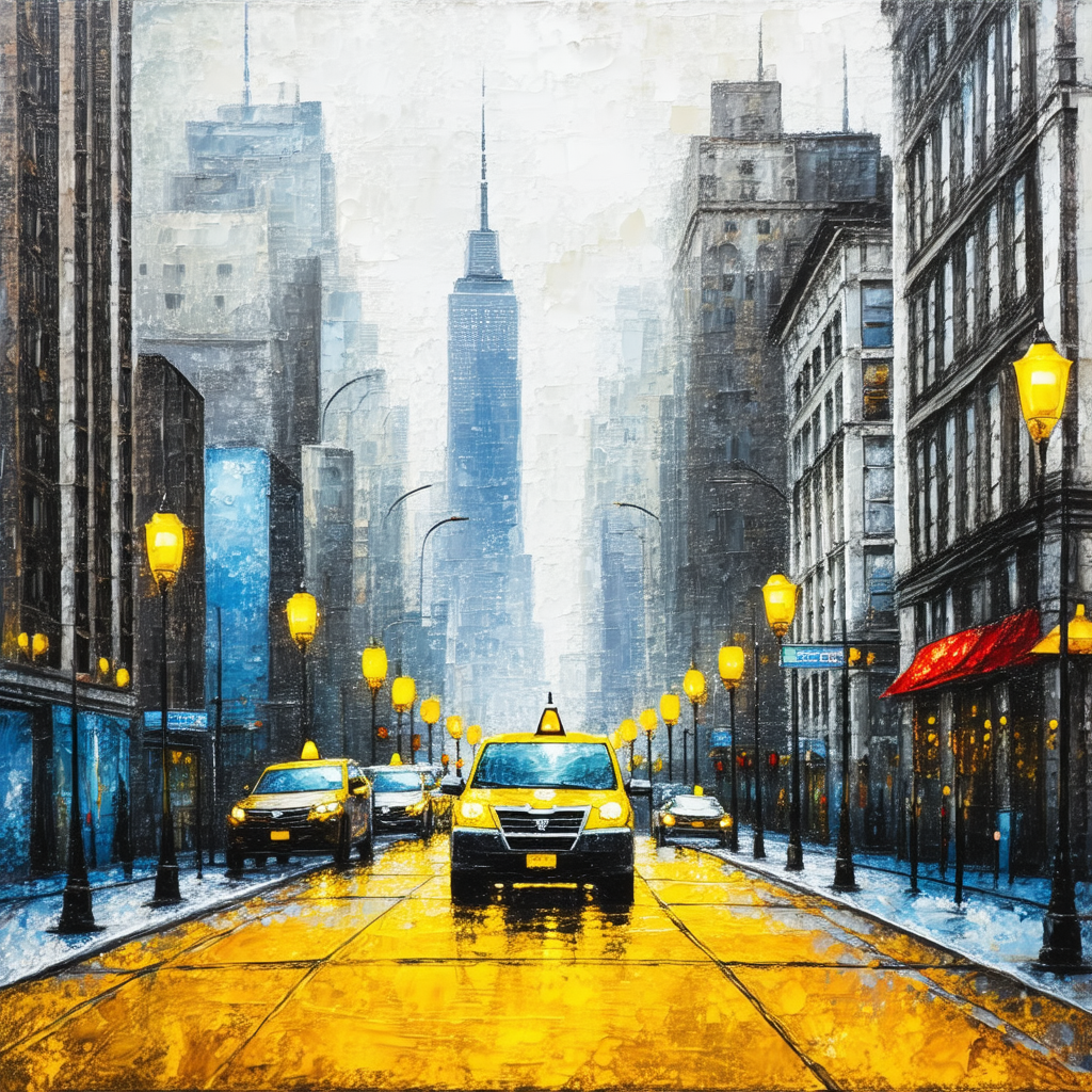 Busy city street with a yellow taxi cab driving down the ...