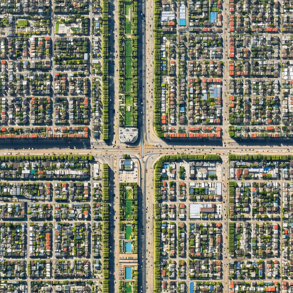 Bird's eye view of a city, showcasing a large intersectio...