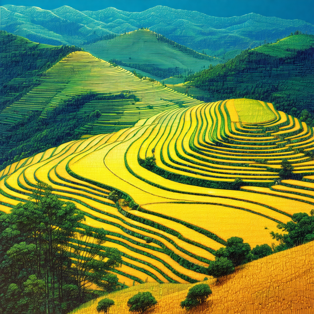 Large, lush green hillside with a yellow field of crops