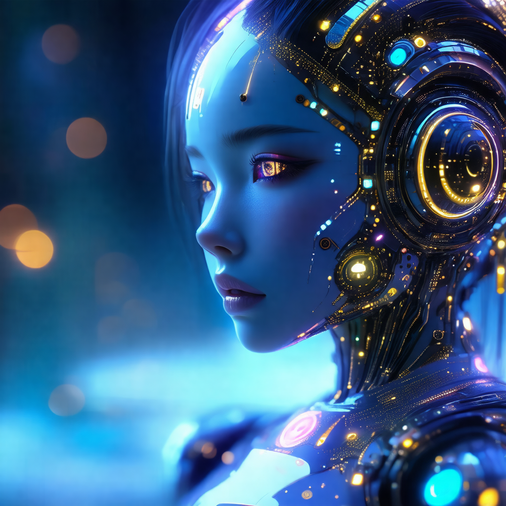 Futuristic robot with a blue and purple color scheme
