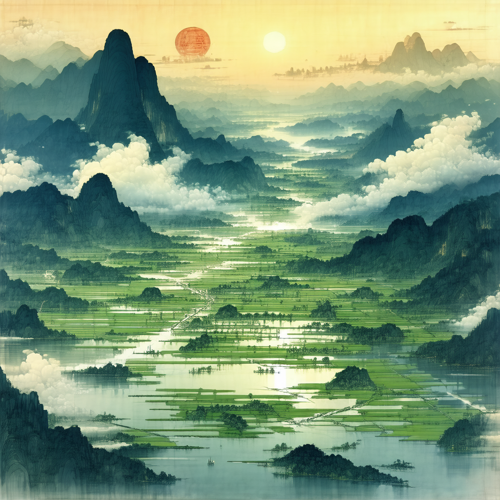 Painting of a mountainous landscape with a river flowing ...