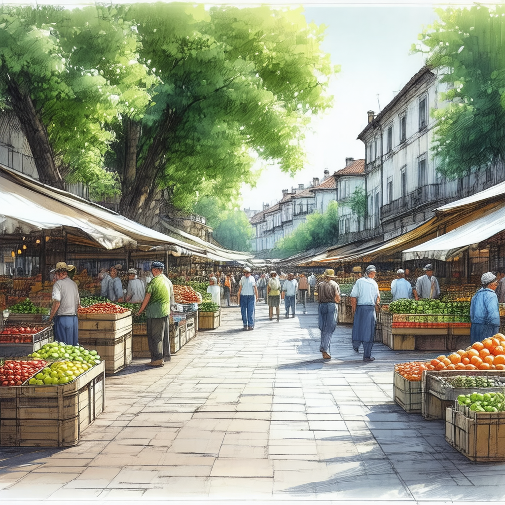 Bustling outdoor market filled with people shopping for f...