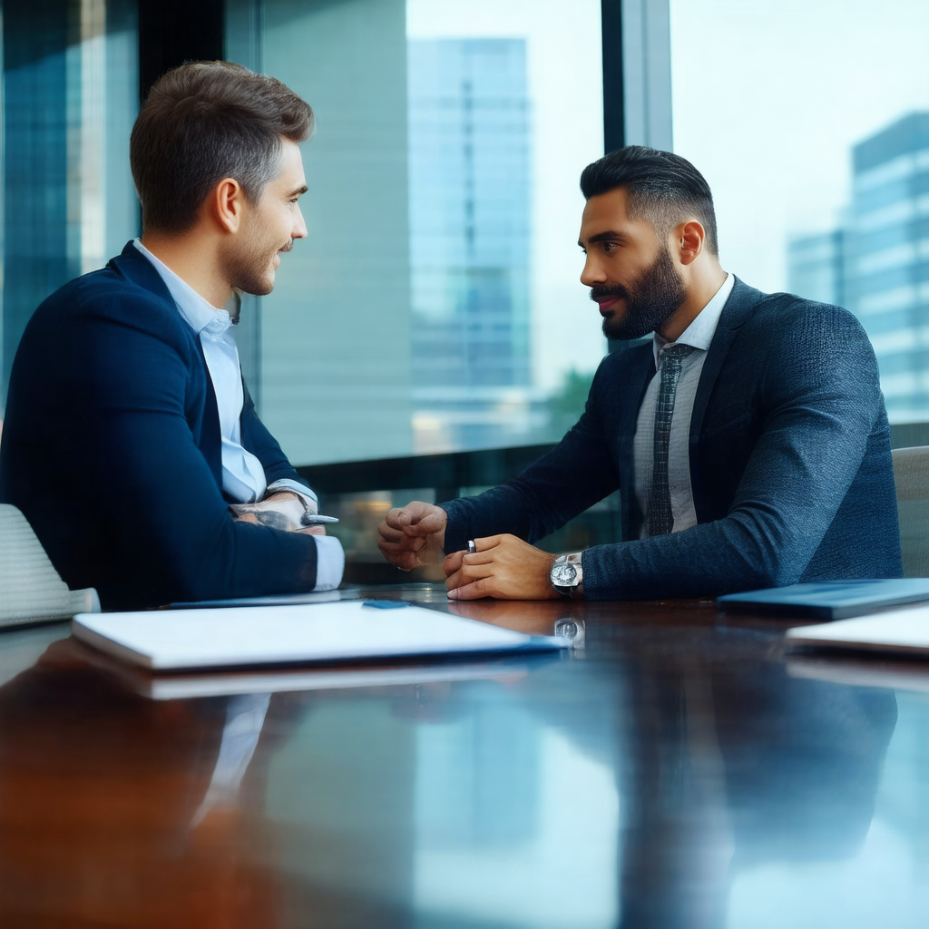 Two men dressed in suits, sitting at a conference table a...