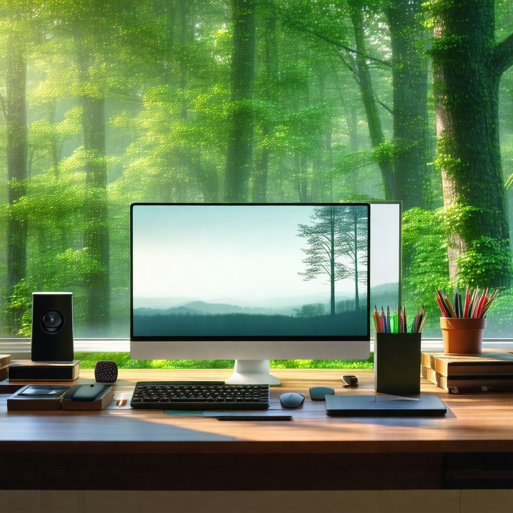 Desk with a computer monitor and keyboard placed on it
