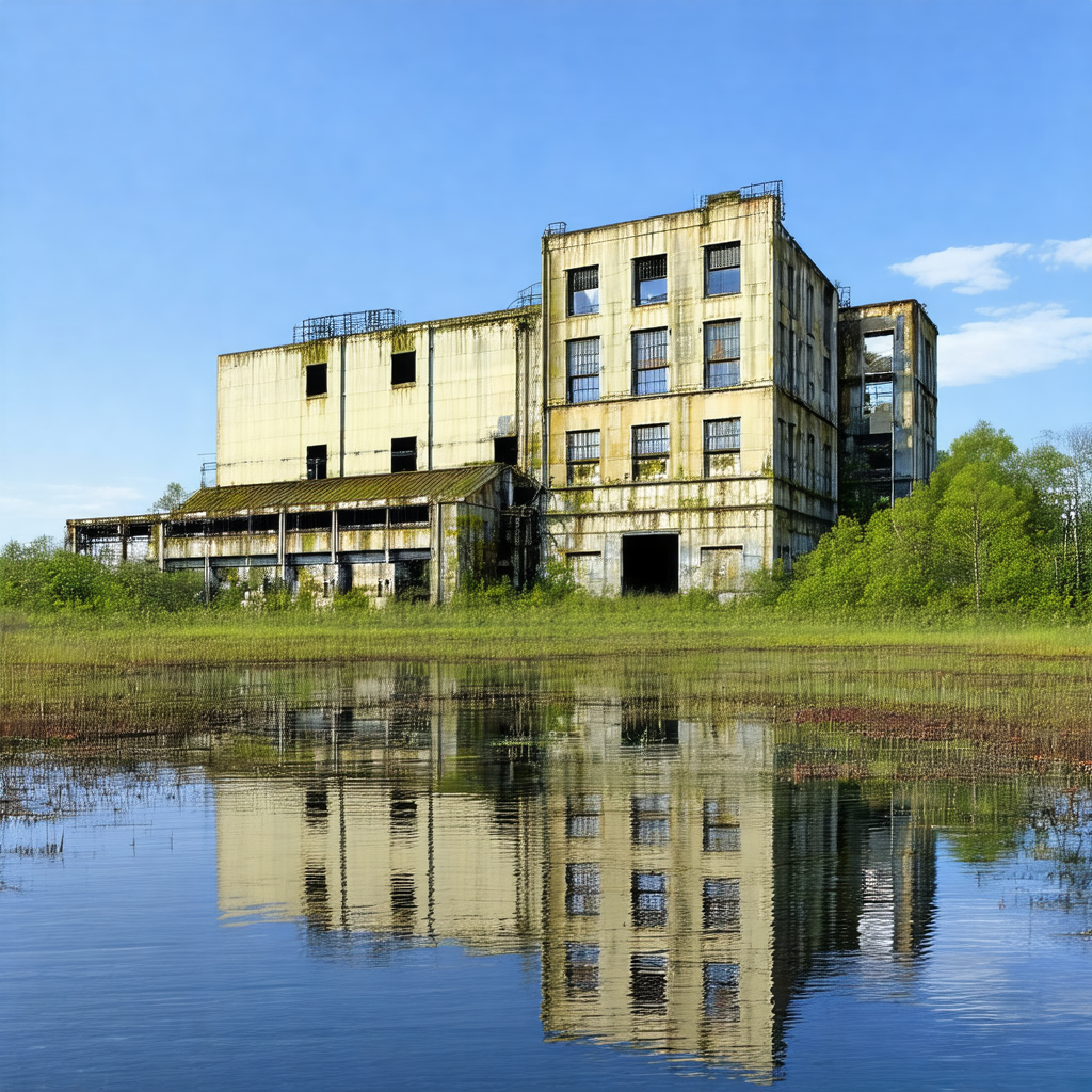 Large, abandoned building situated next to a body of water