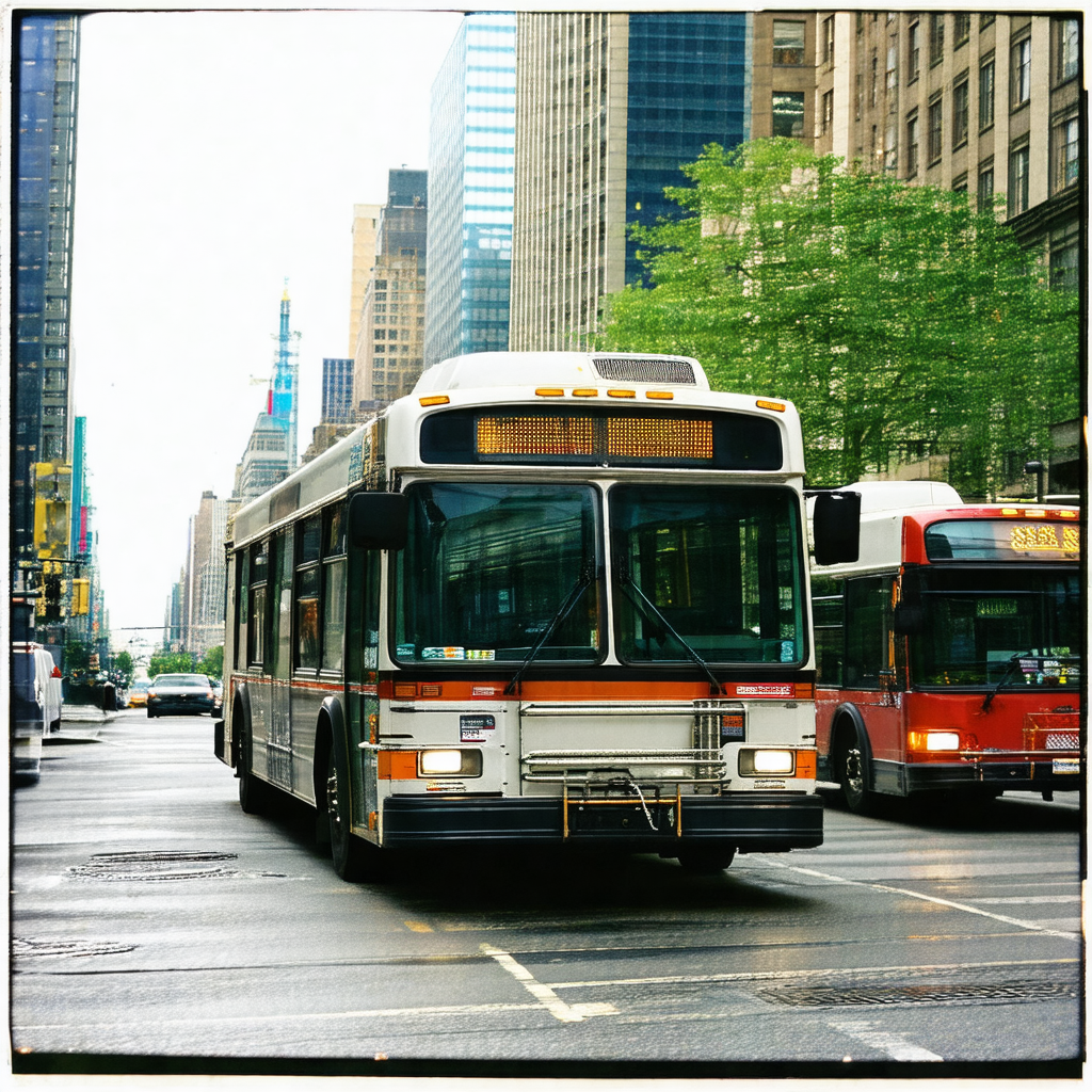 Busy city street with two buses driving down the road