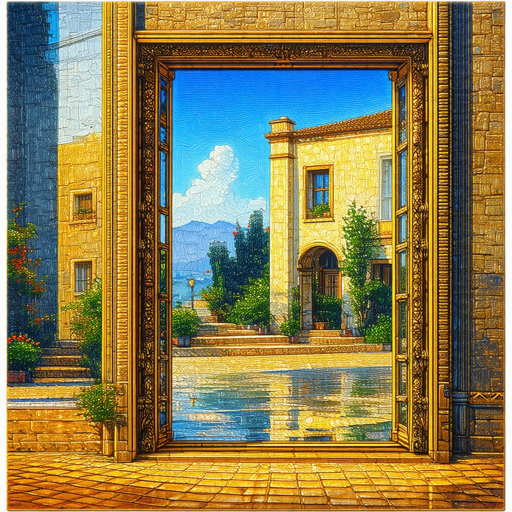 Painting of a beautiful garden with a large building in t...