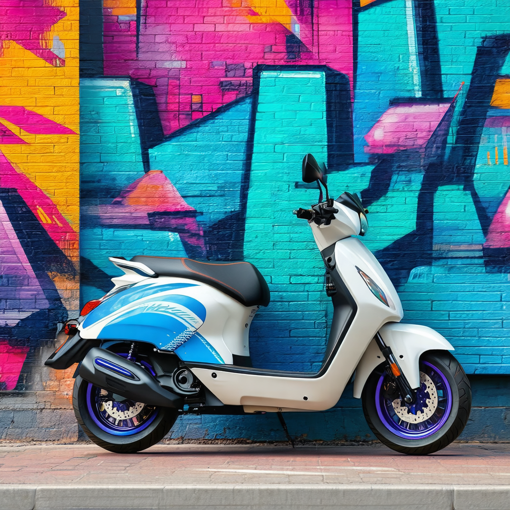 White and blue motor scooter parked in front of a colorfu...