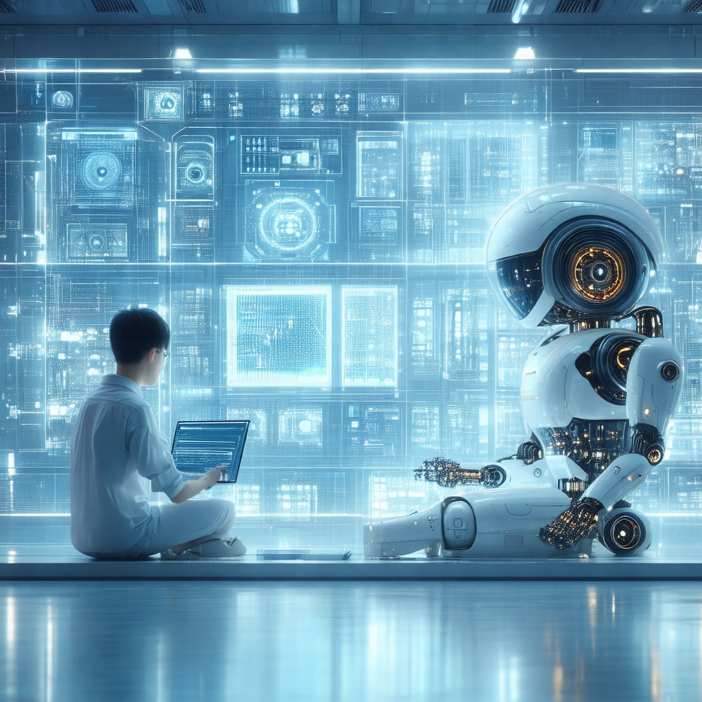 Man sitting on the floor in front of a large computer screen