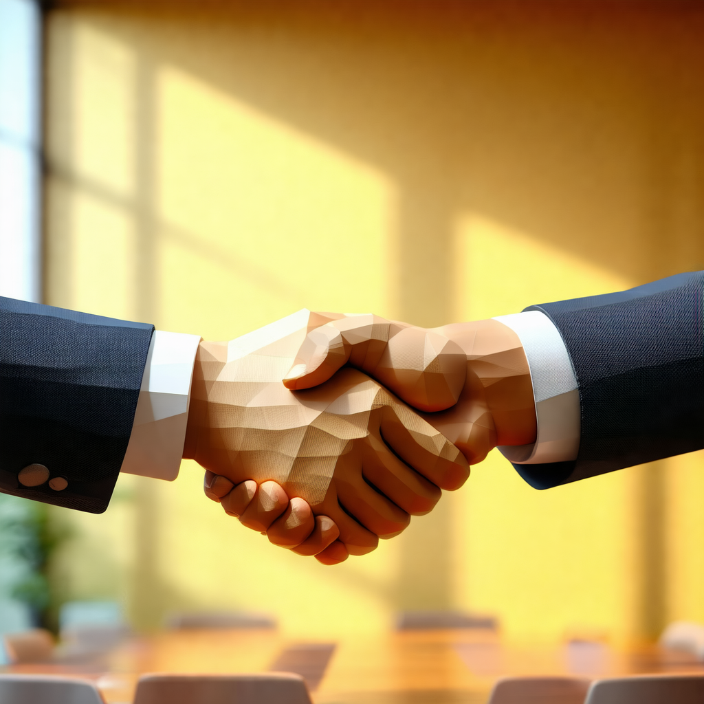 Man and a woman shaking hands in a room