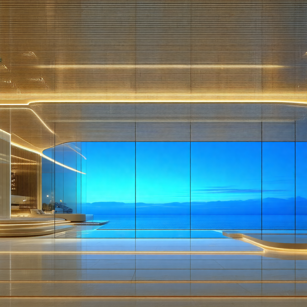 Large, modern building with a large window that overlooks...