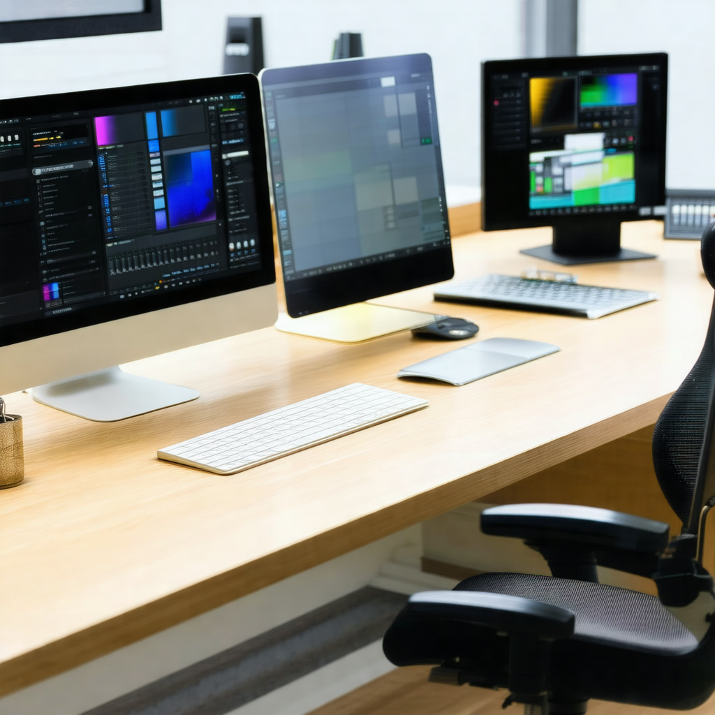Wooden desk with a computer setup