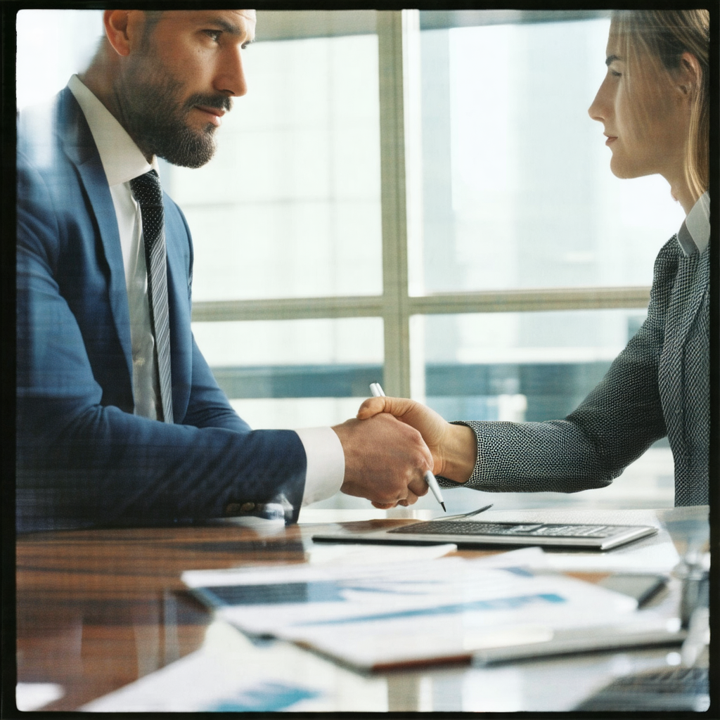 Man and a woman sitting at a desk, shaking hands in a pro...