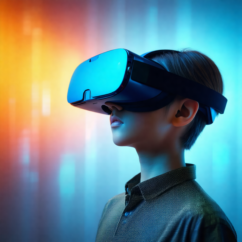 Young boy wearing a vr headset, which is likely a virtual...